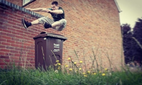 jumping over dustbin